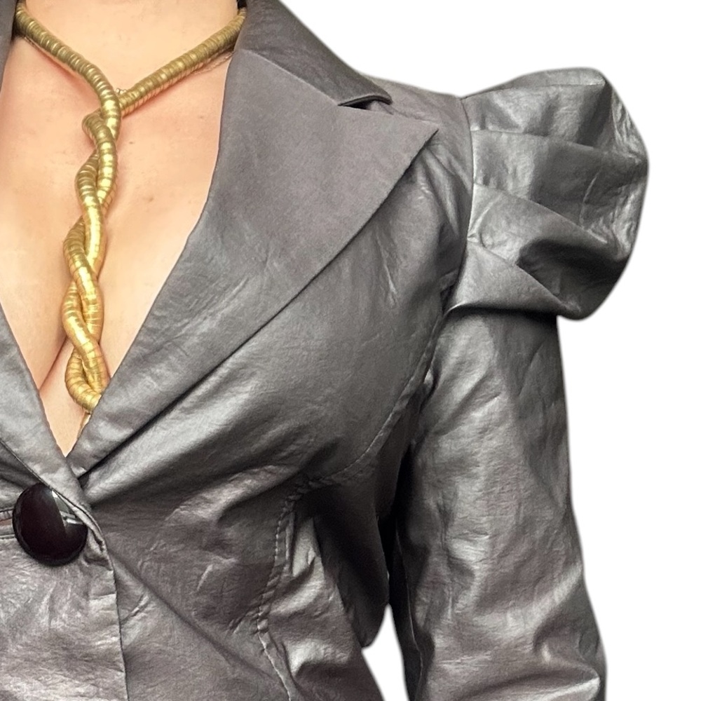 Only - Black Faux Leather Blazer Puff Shoulder Structured Small - Picture 9 of 10